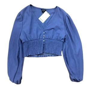 Monki by ASOS Blue Cropped V-Neck Smocked Blouse, Size M, New w/ Puff Sleeves